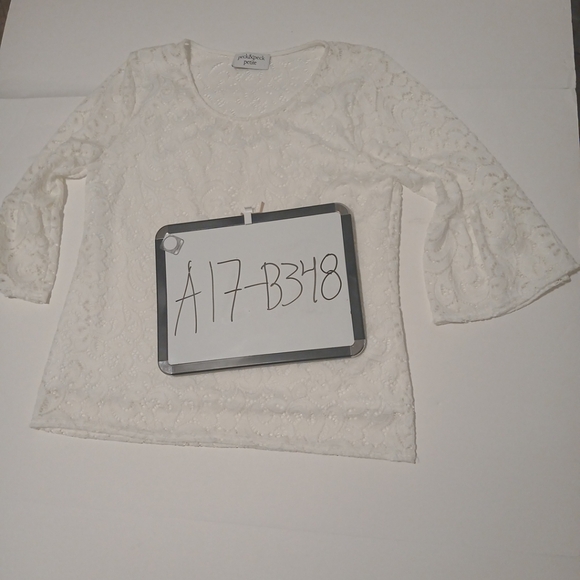 Peck & Peck Lace Top Blouse Womens Petite L White Lined 3/4 Sleeve Scoop Neck - Picture 8 of 11